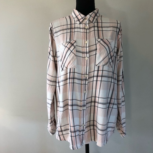 maison coupé Tops - Women’s Maison Coupé Pink Plaid Button down Open back Flannel Shirt size L